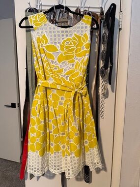 Yellow Floral Midi Dress with Self-Tie Belt